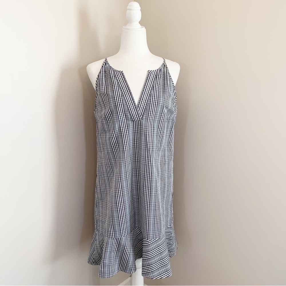 SOLD!  J CREW 6 Navy Blue Plaid Flutter Hem Flounce Halter V Neck Shift Dress - Picture 3 of 15